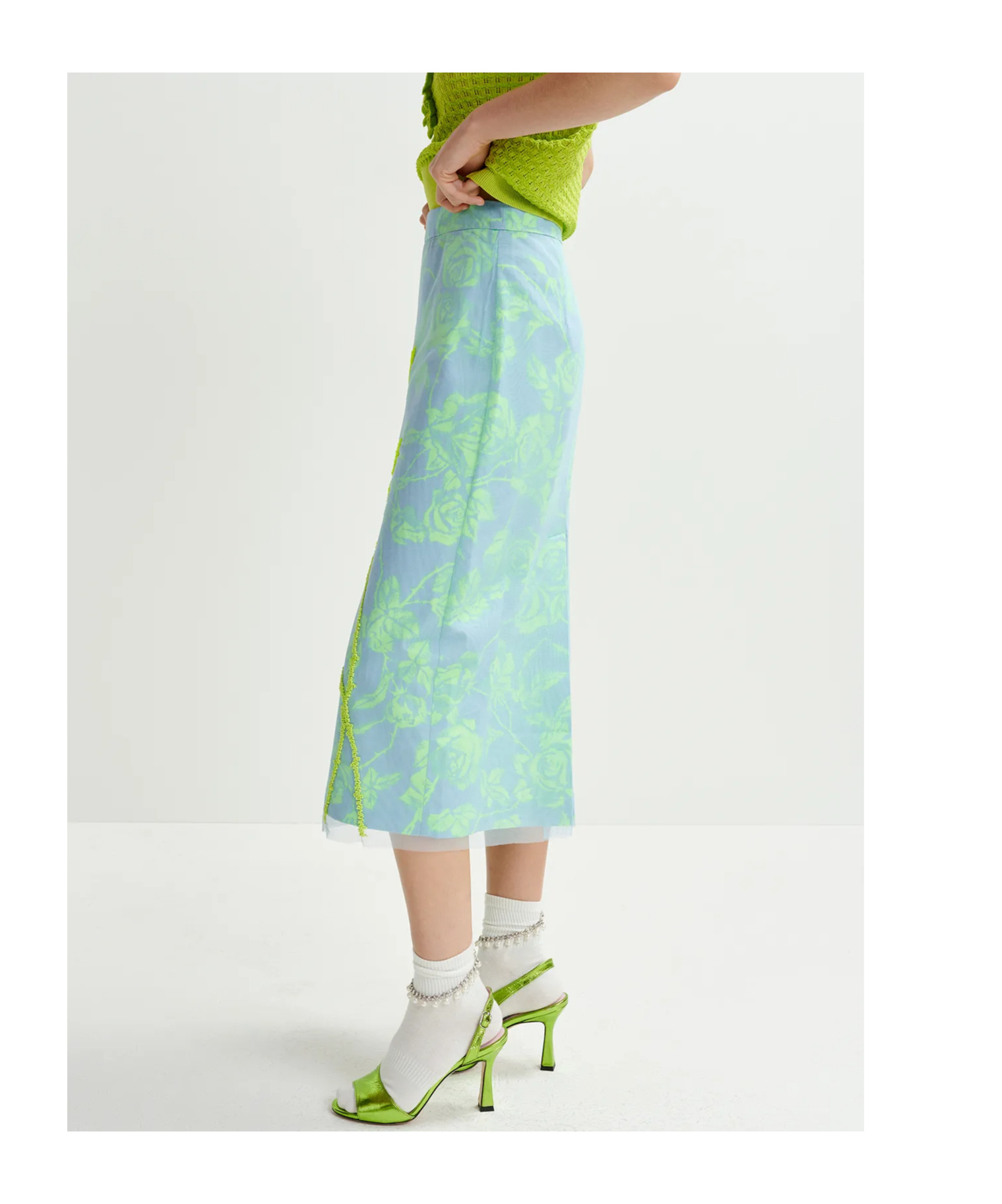 Essentiel Antwerp Light Blue And Mint Green Tule Midi Skirt With Sequin Floral Embroideries In Green