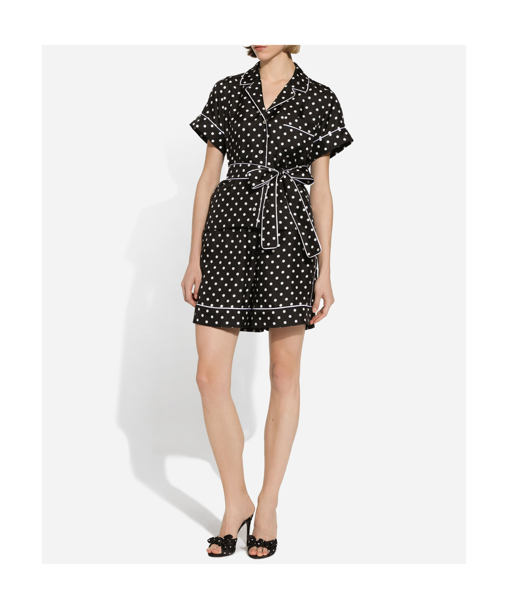 Dolce & Gabbana Short-sleeved Silk Pajama Shirt With Polka-dot Print In Black
