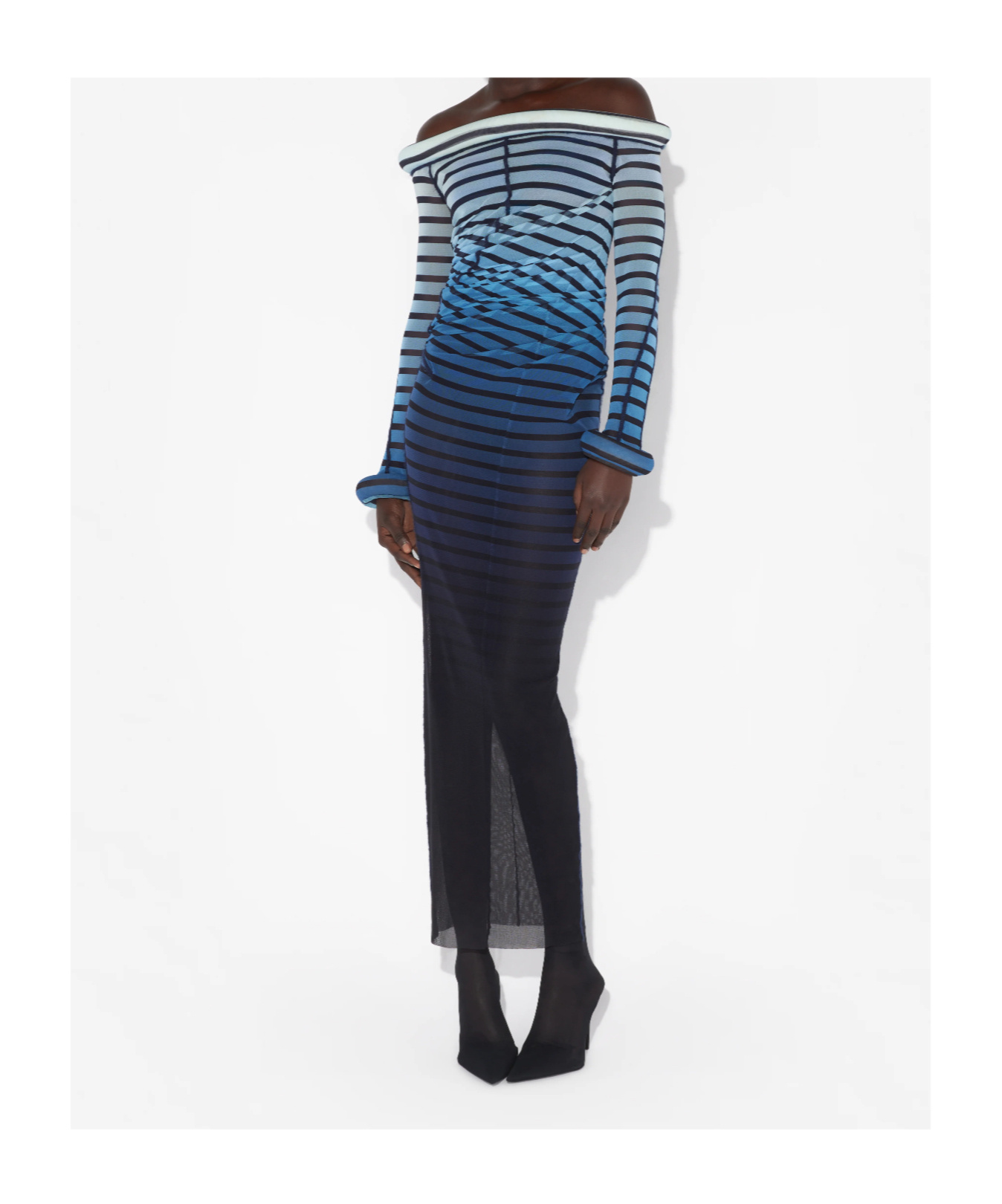 Jean Paul Gaultier Elegant Mesh Boat Neck Long Dress With 3d Collar And Cuff In Blue