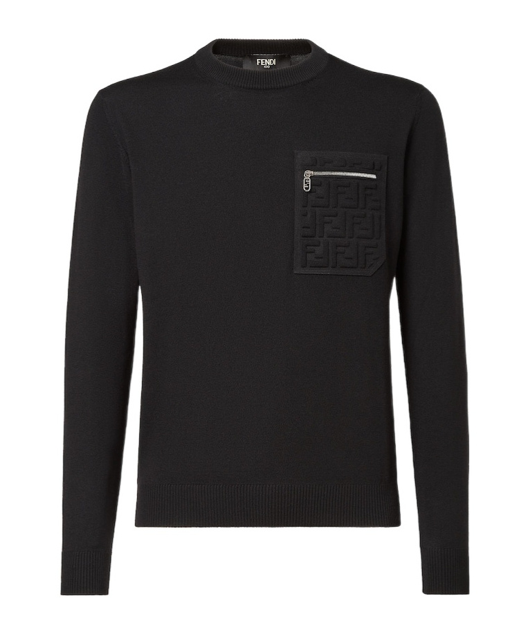 Fendi Knit Sweater With Ribbed Cuffs And Pocket In Black