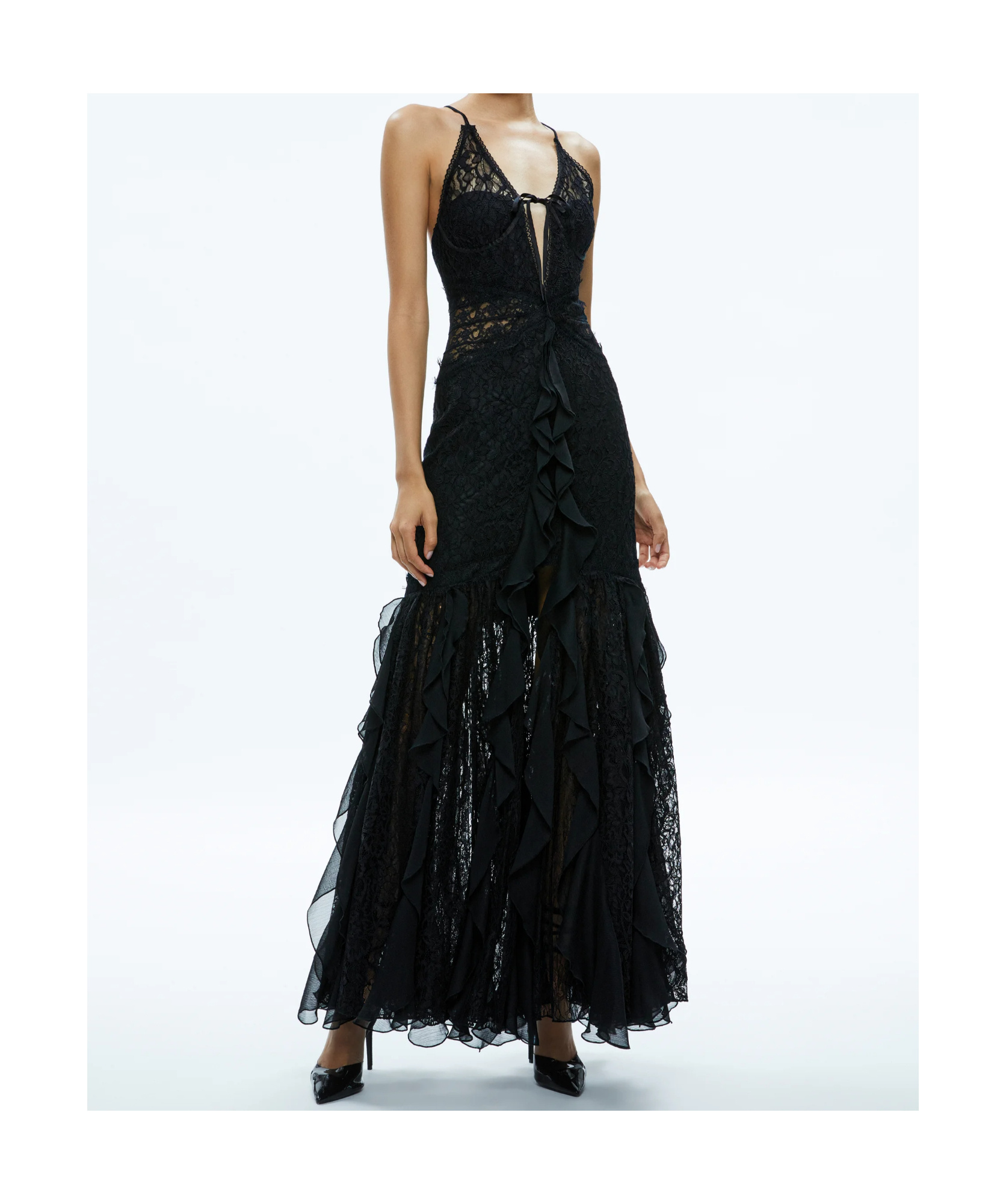 ALICEOLIVIA RUFFLED LACE GOWN