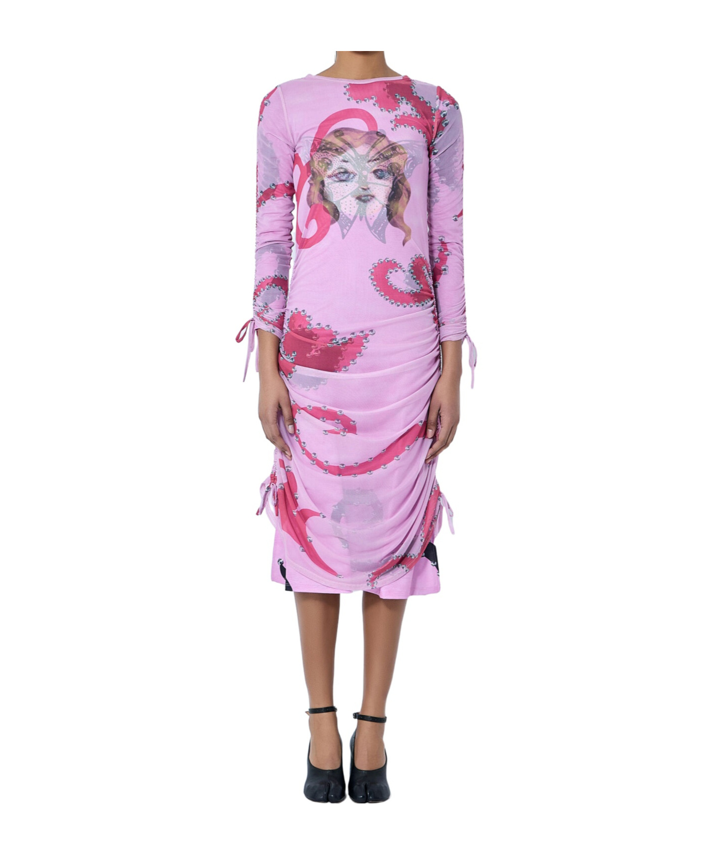 Chopova Lowena Ruched Printed Mesh Dress In Pink