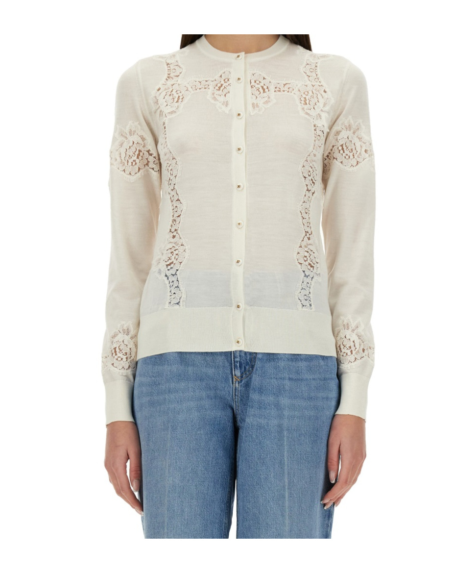 Dolce & Gabbana Cashmere And Silk Cardigan With Lace Inlay In White