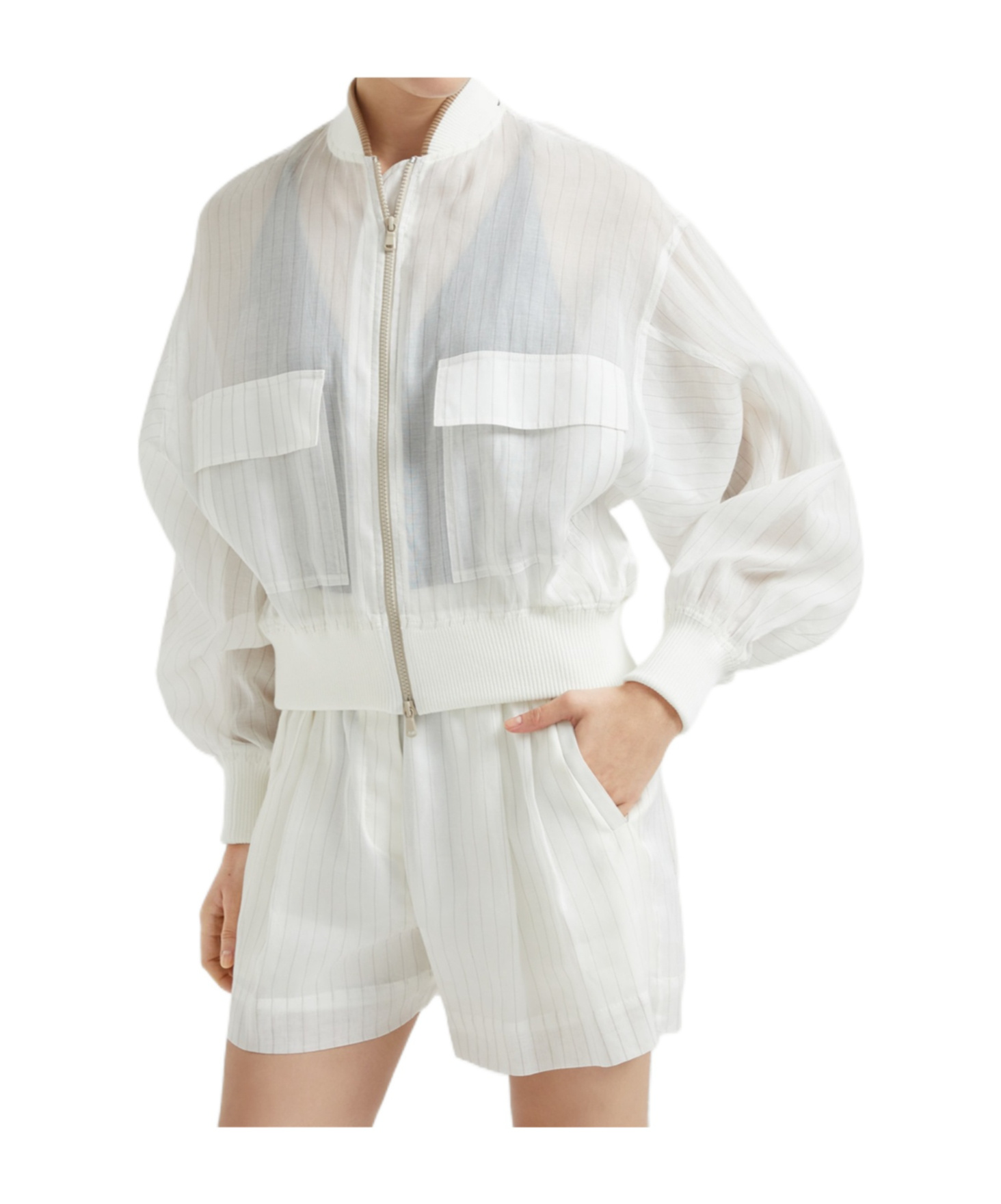 Brunello Cucinelli Pinstriped Cotton Gauze Bomber Jacket In White