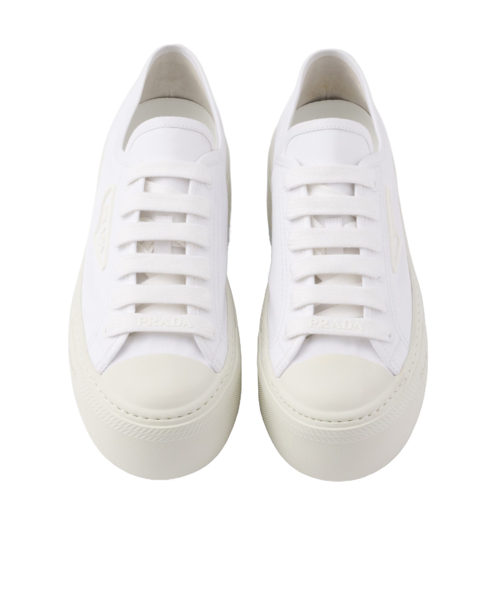 Shop Prada Laced Fabric Sneakers In White