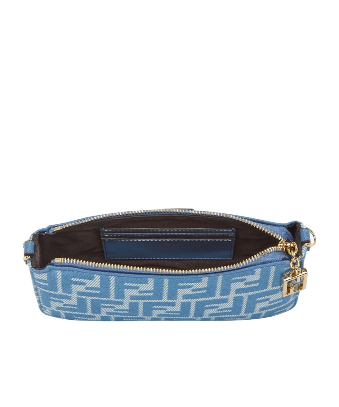FENDI BLUE DENIM-EFFECT FF JACQUARD CHARM POUCH WITH CHAIN