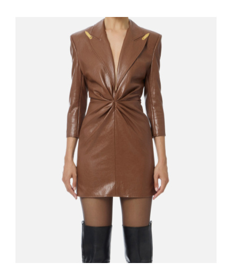 Elisabetta Franchi Crackled Leather-effect Dress With Lapels In Brown