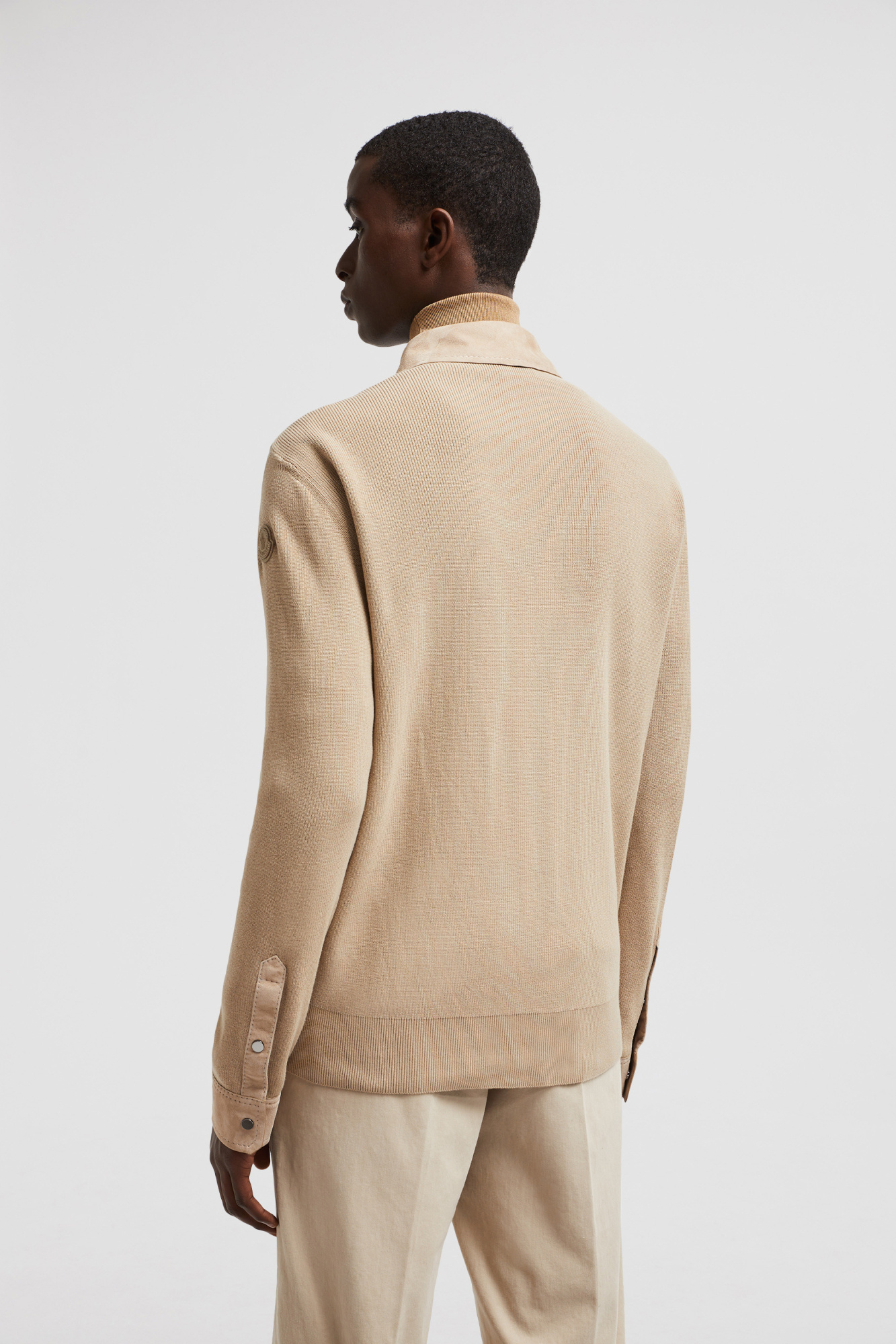 Moncler Knitted Cotton & Suede Cardigan Jacket In Nude