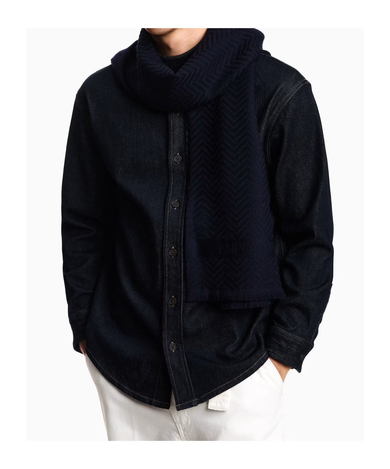 Emporio Armani Wool Scarf With Chevron Motif In Blue