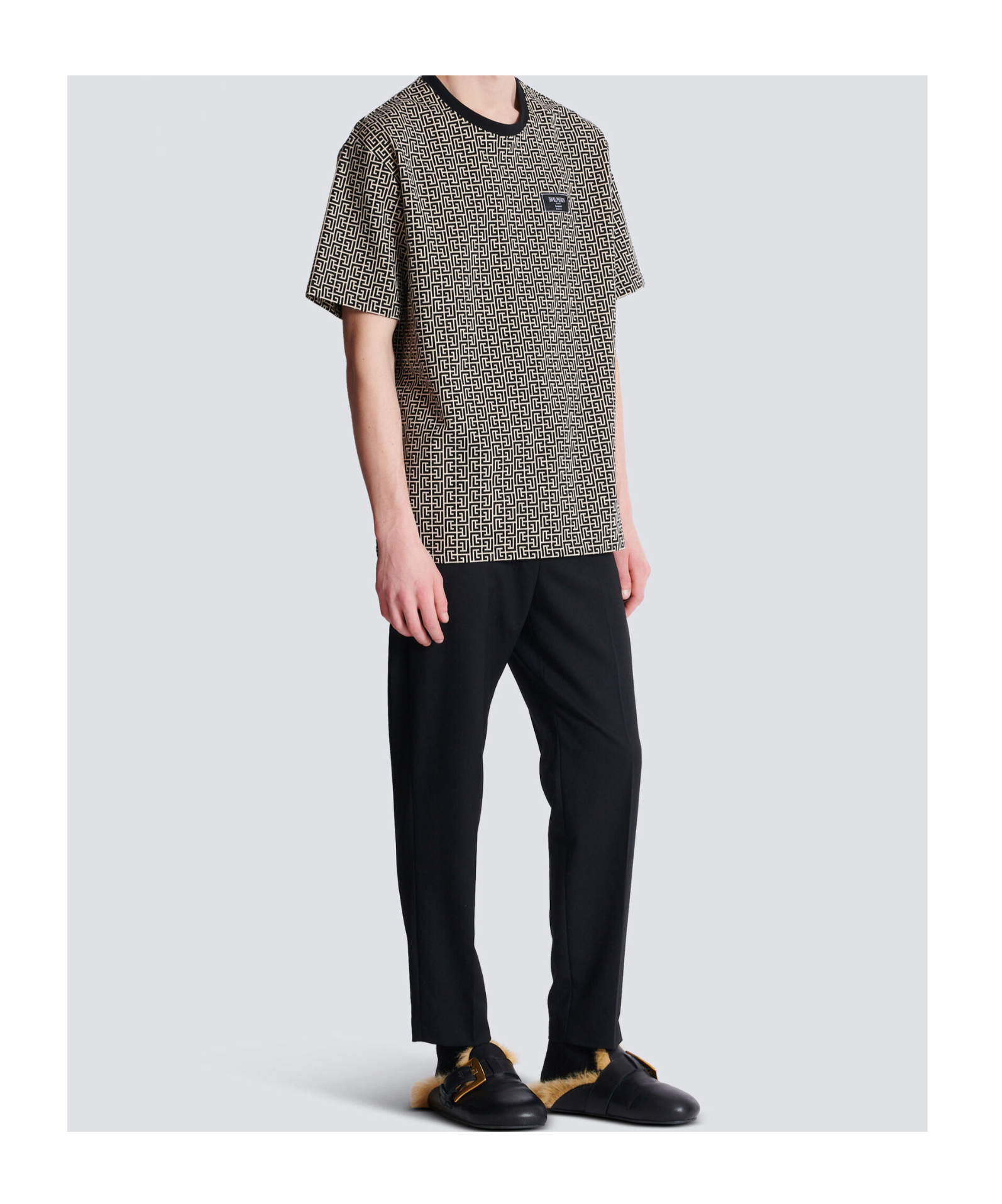 Balmain Grey T-shirt With Logo Applied On The Chest And All-over Labyrinth Motif In Cotton Man