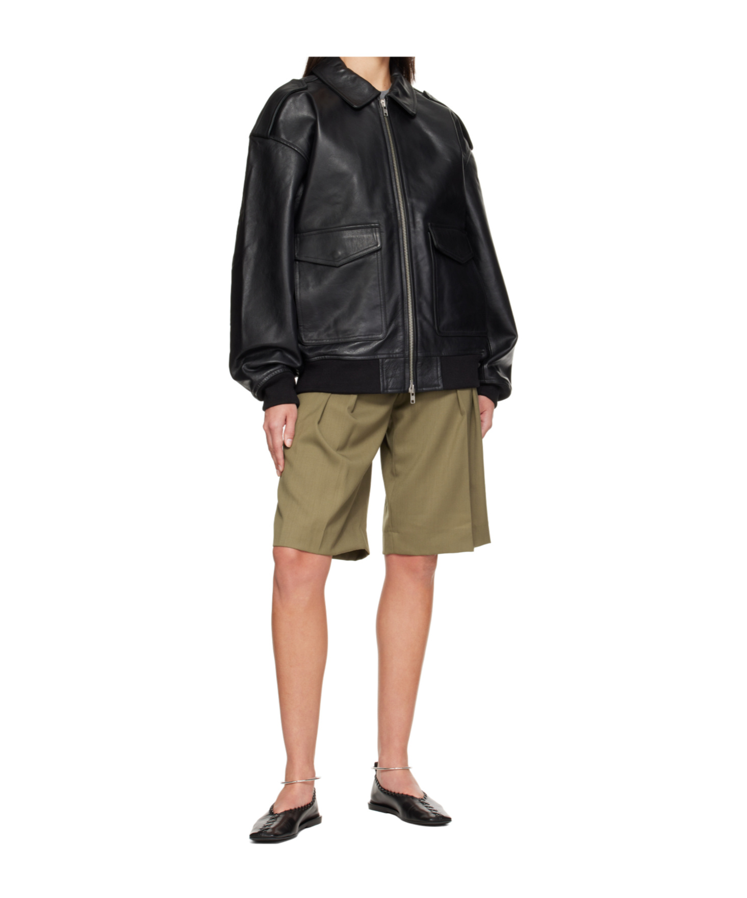The Frankie Shop Classic-collar Pocketed Leather Jacket In Black