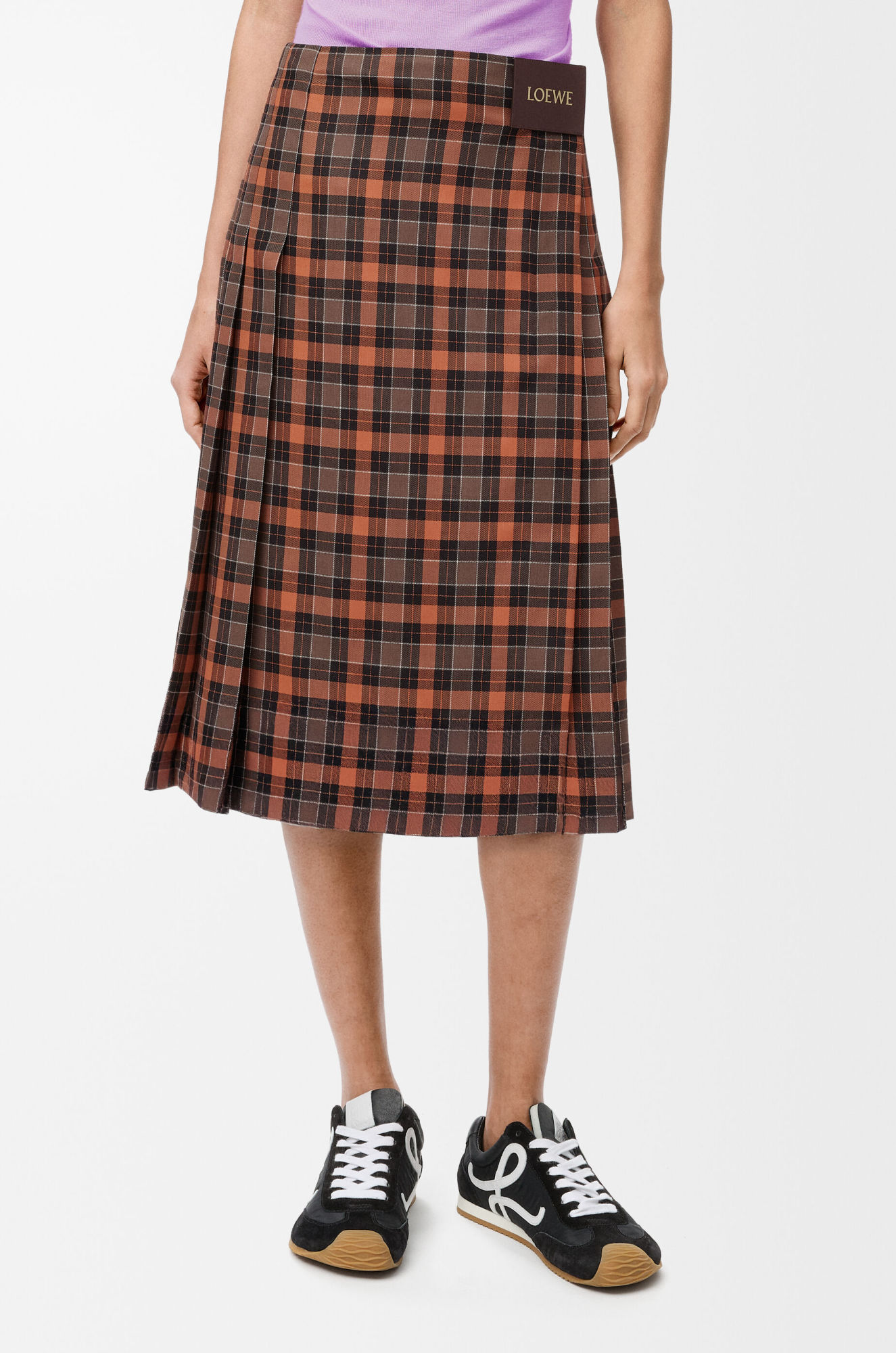 Loewe Check Pleated Midi Skirt In Brown