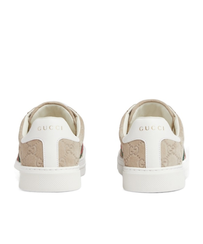 Gucci Beige Low Top Sneakers With Web Detail On The Side And Ace Plaque On The Front In Gg Canvas Wo In Nude