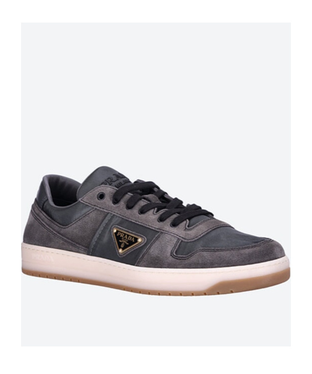 Prada Enamel-triangle Suede Sneakers In Black