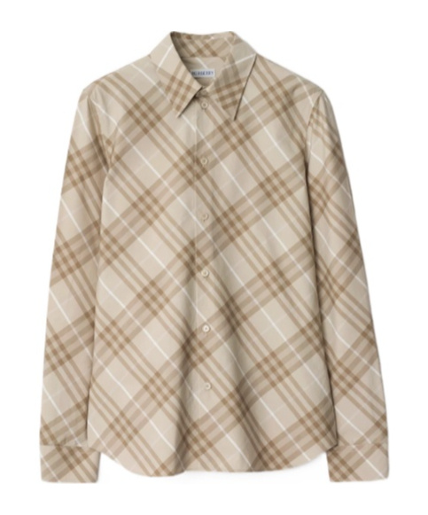 Burberry Women Beige Shirt With Pointed Collar And All-over Check Motif In Cotton Woman In Green