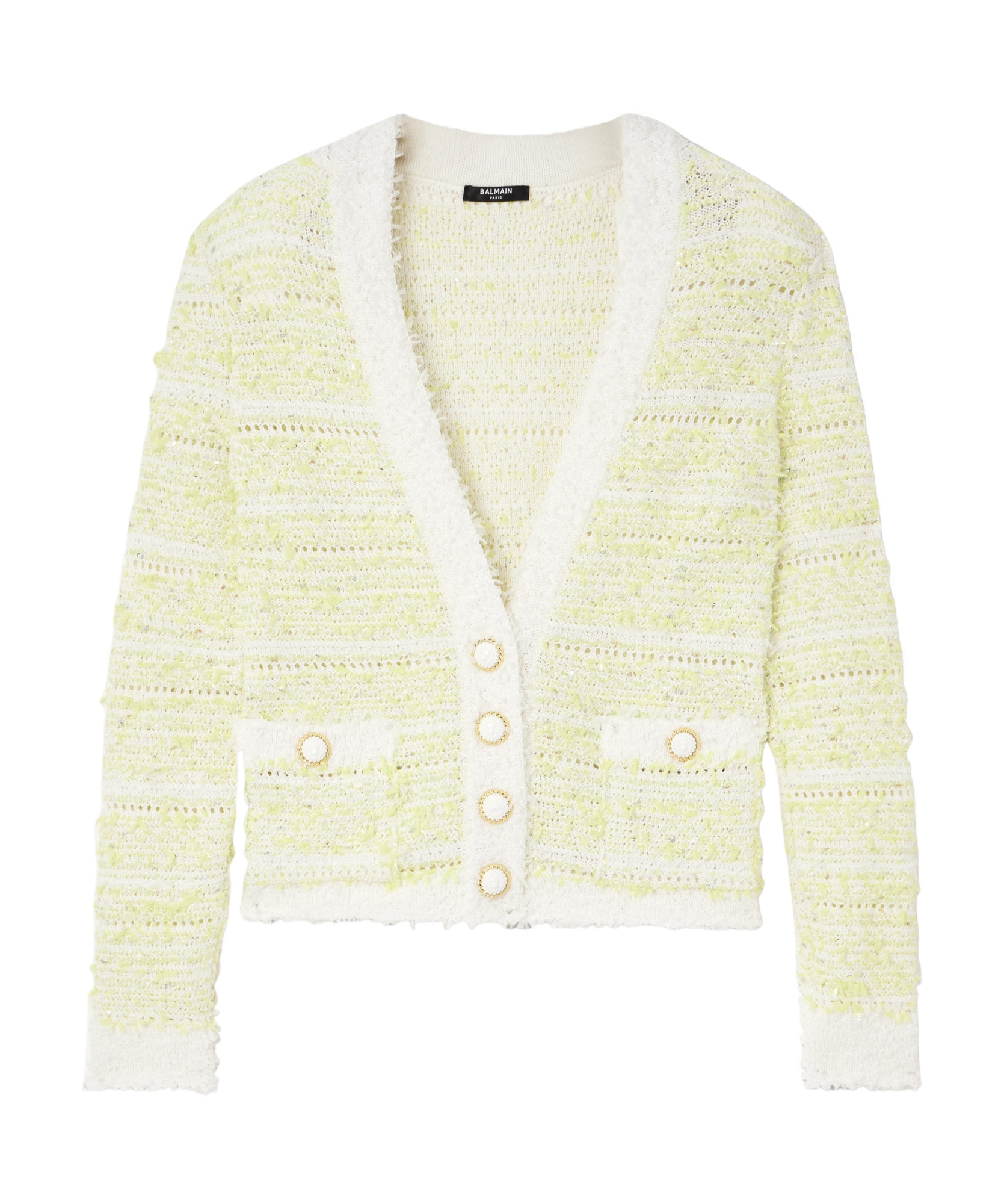 Balmain Frayed-detail Ribbed-knit Cardigan In White