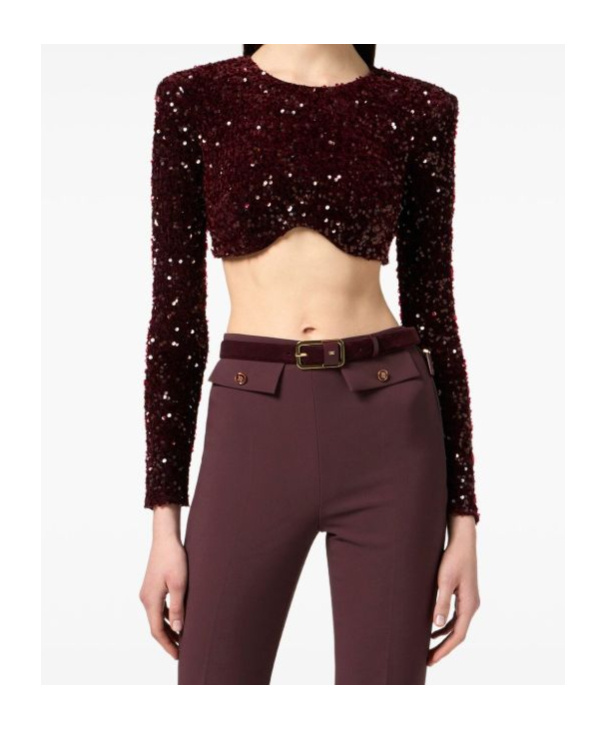 Elisabetta Franchi Sequin-embellished Long-sleeve Blouse In Burgundy