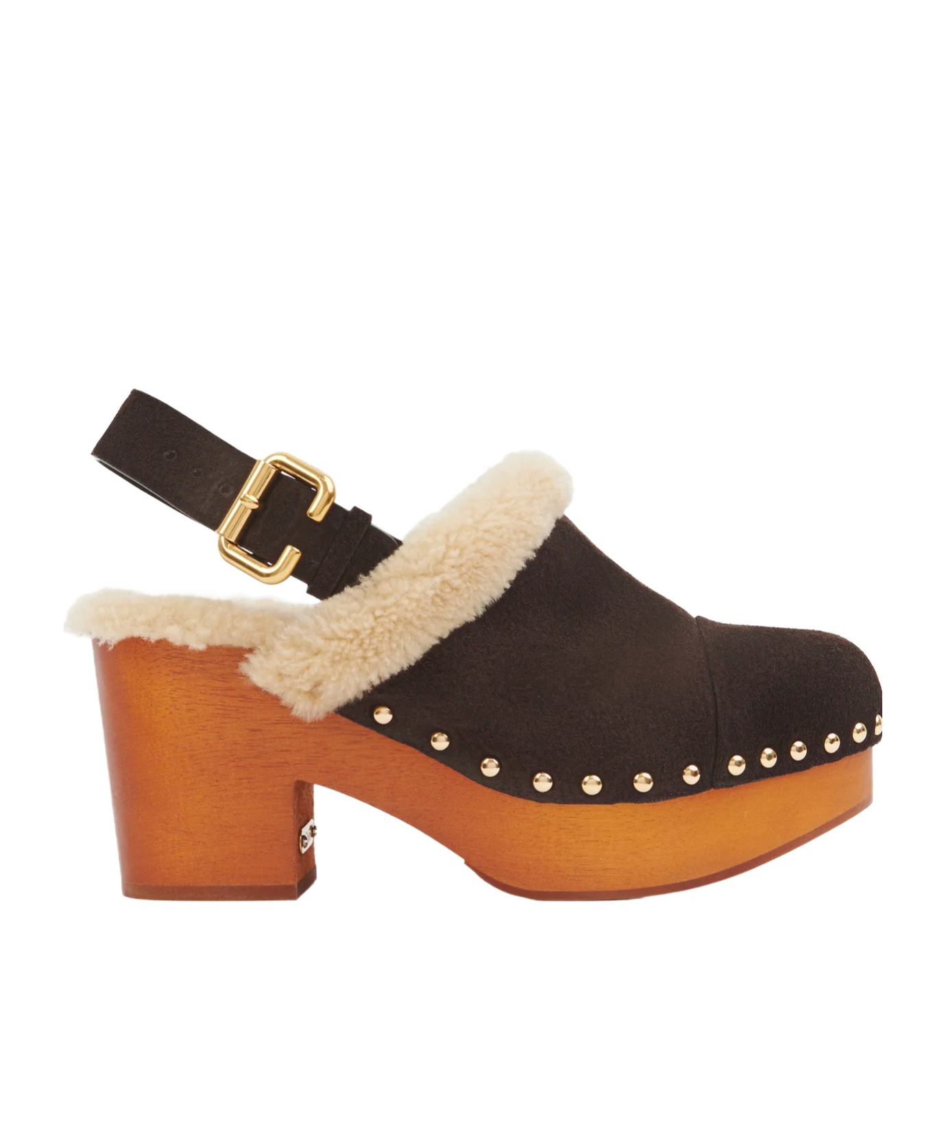Chloé 80mm Shearling-trimmed Studded Clog In Brown