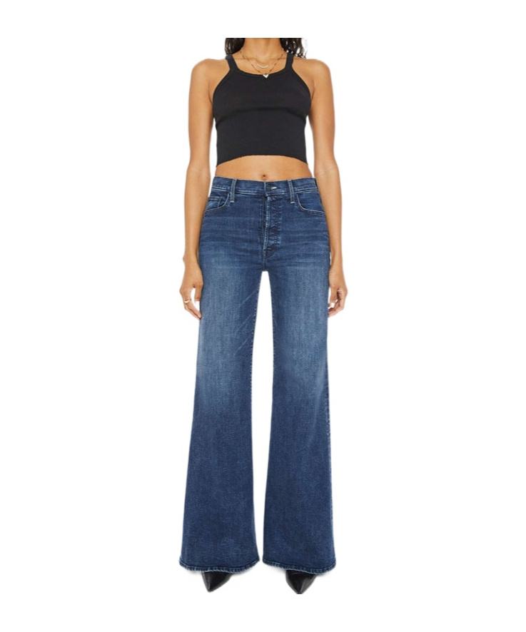 Mother Womens The Tomcat Roller Sneak Brand-tab Wide-leg High-rise Denim-blend Jeans I Put A Spell On You In Blue