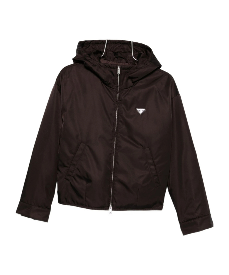 Prada Logo-plaque Hooded Jacket In Brown