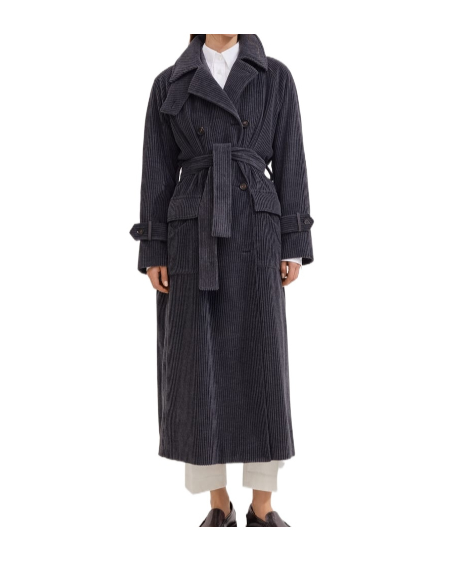 Brunello Cucinelli Corduroy Belted Trench Coat In Blue