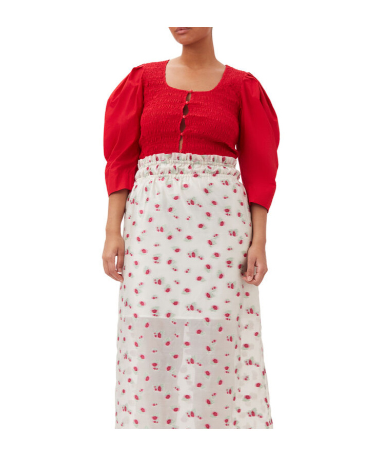 Ganni Smocked Poplin Blouse In Red