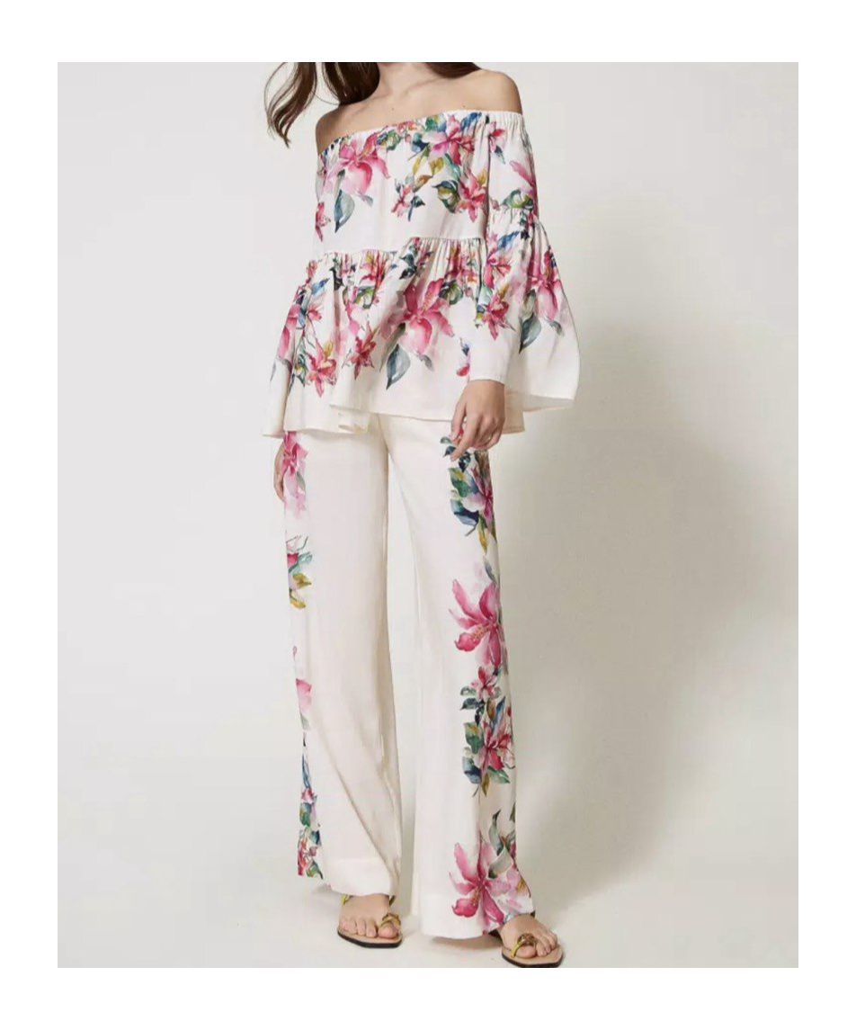 Shop Twinset Floral-print Wide-leg Trousers