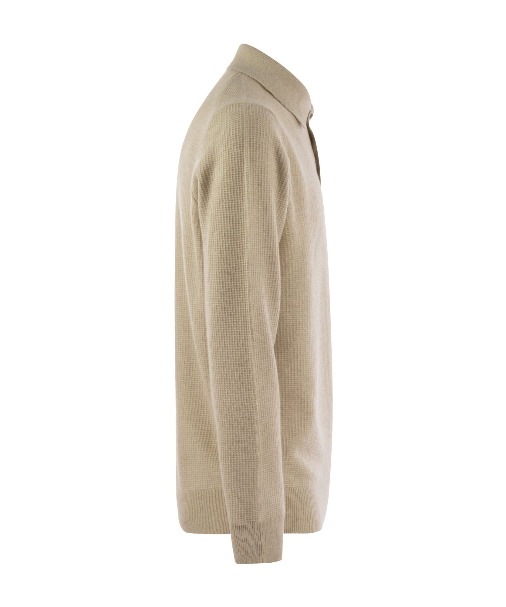 Brunello Cucinelli Men Waffle Stitch Cashmere Knit Polo Shirt With Long Sleeve In Nude