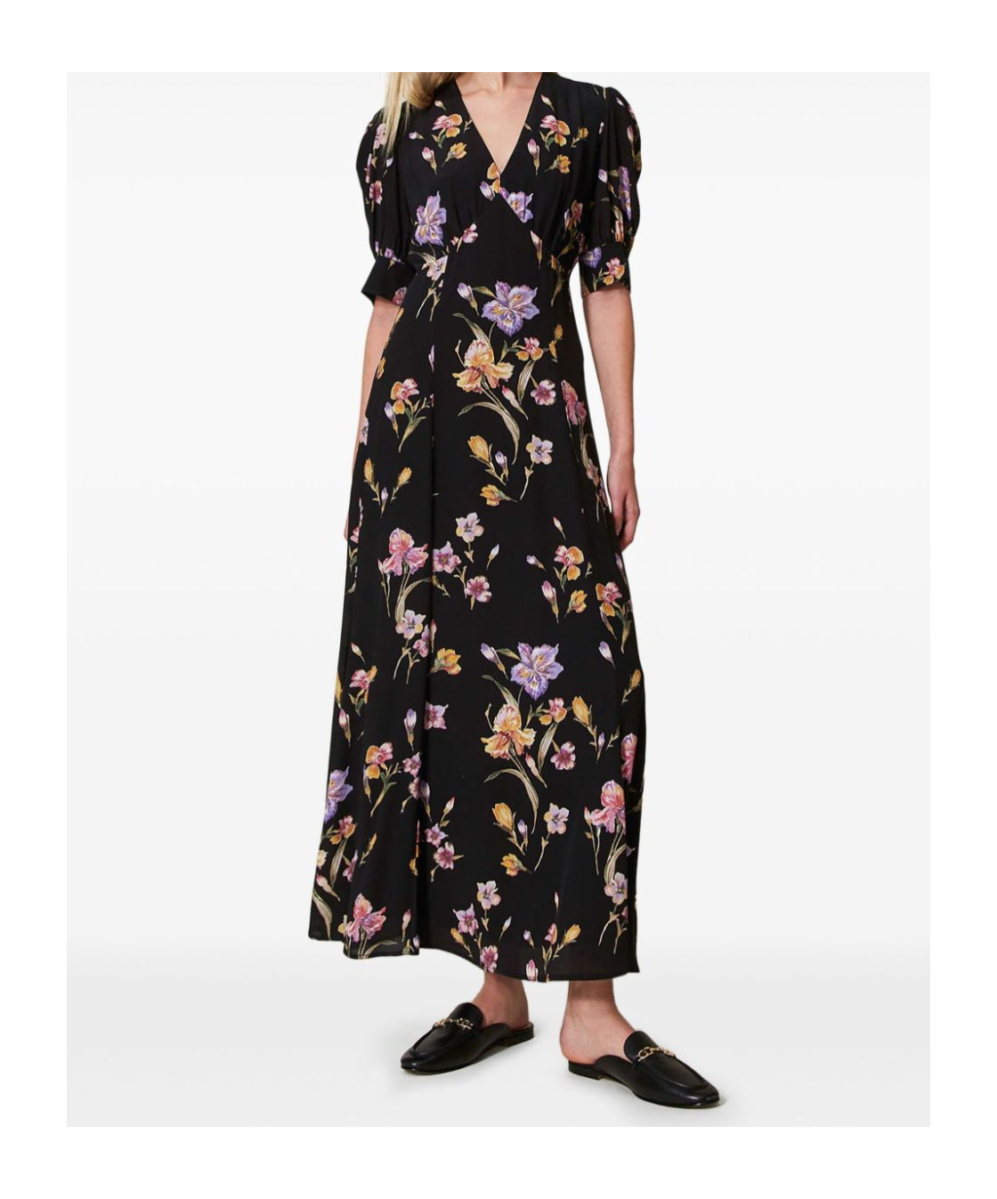 Twinset Floral-print Satin Maxi Dress In Black