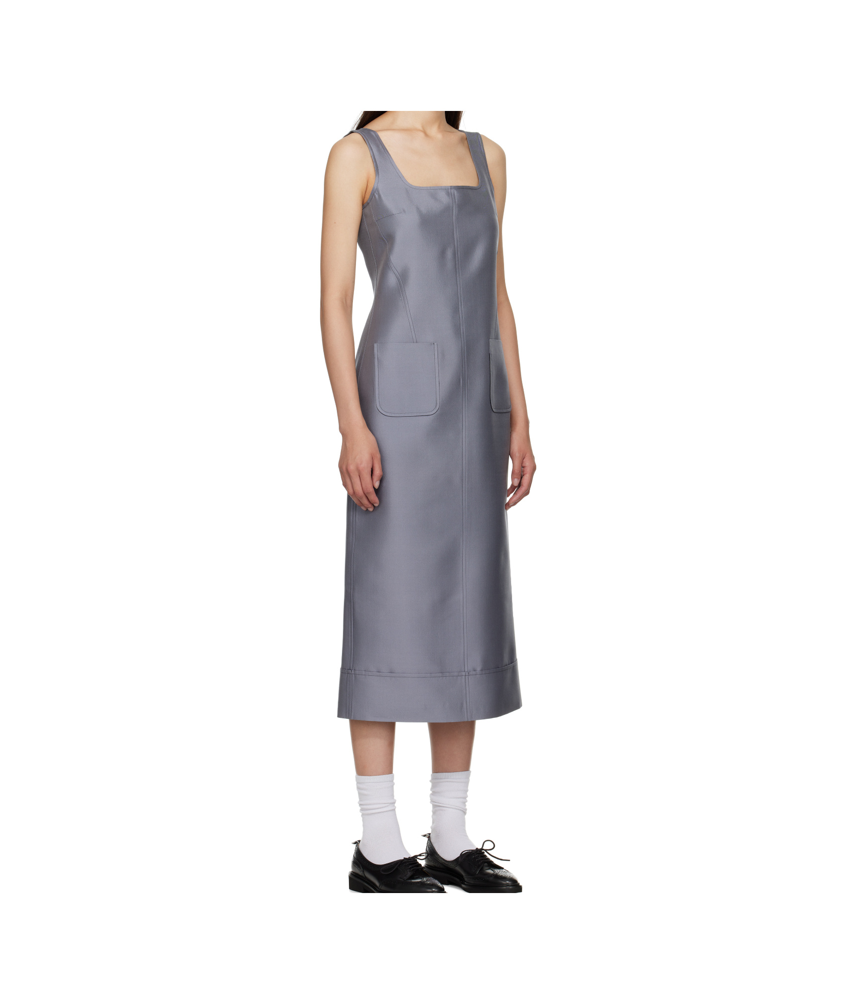 Thom Browne Calf Length Square Neck Column Dress In Wool Silk In Gray