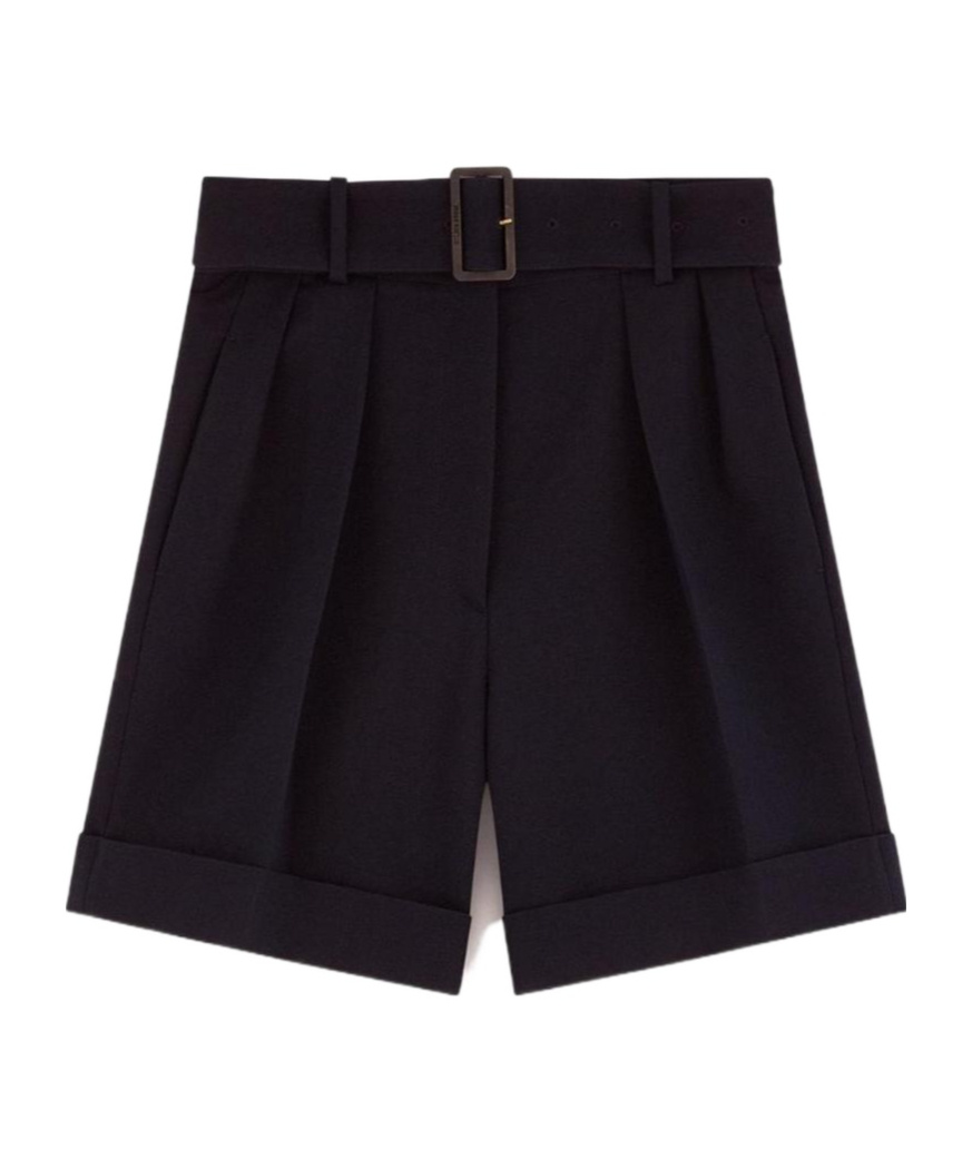 GOLDEN GOOSE GOLDEN COLLECTION SHORTS IN BLACK WOOL GABARDINE WITH BELT AT THE WAIST