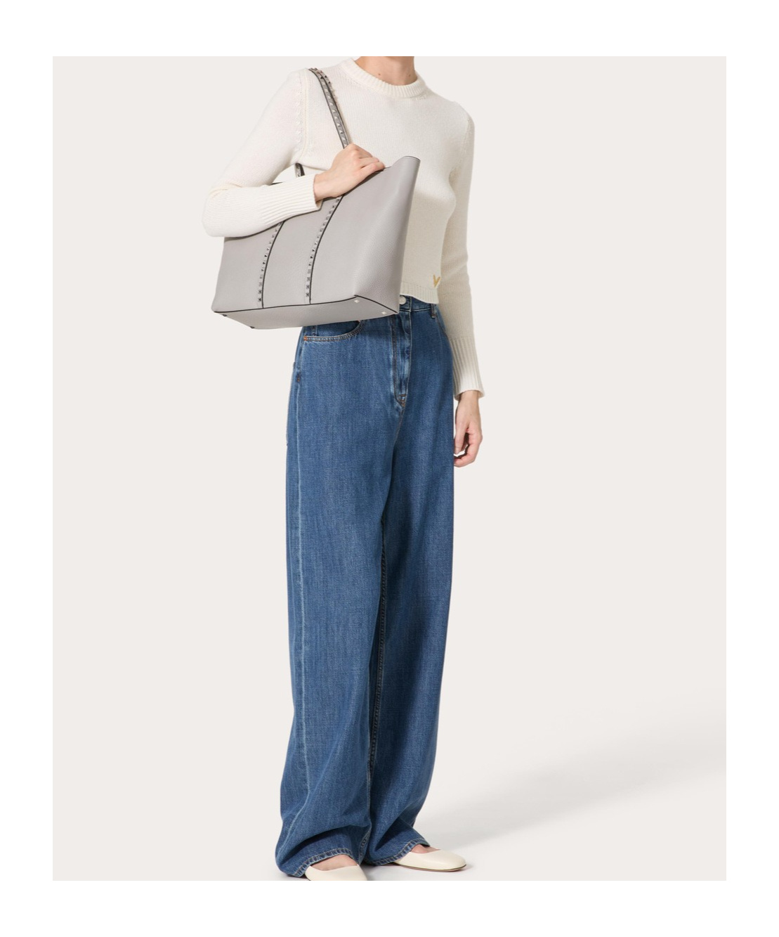 Valentino Rockstuds Leather Tote Bag In Gray