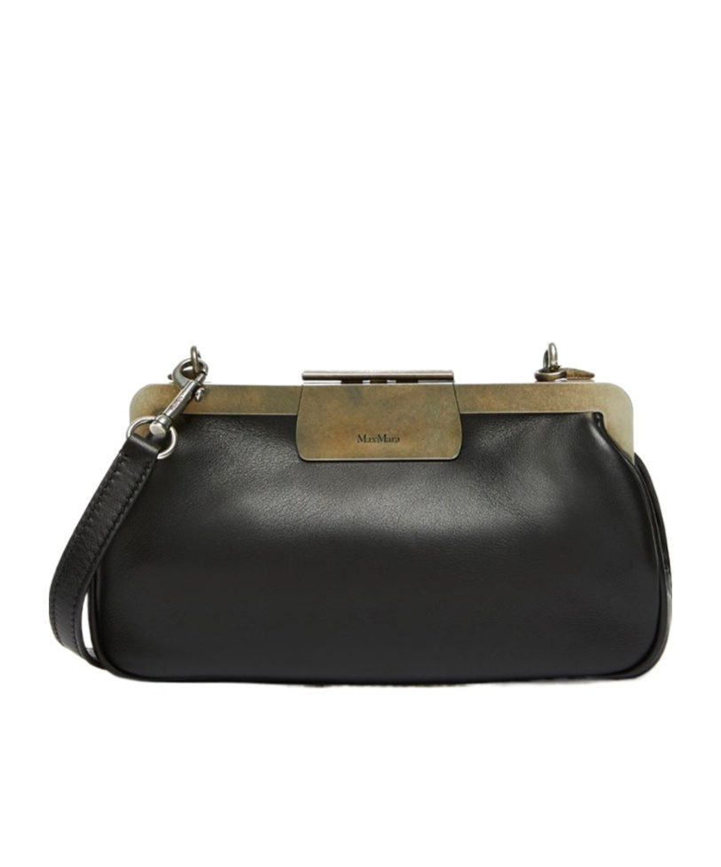Max Mara Leather Clutch With Metal Logoed Detail In Black
