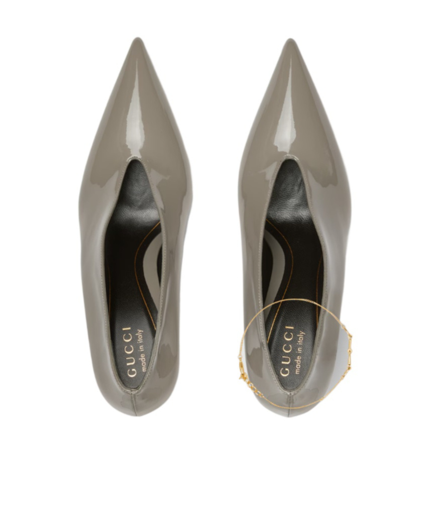 Gucci Musa Vernic Patent Leather Anklet Pumps In Gray