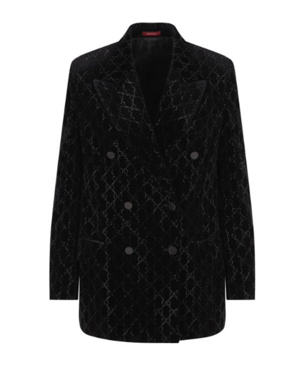 Gucci Double-breasted Velvet Coat Featuring Embroidery In Black