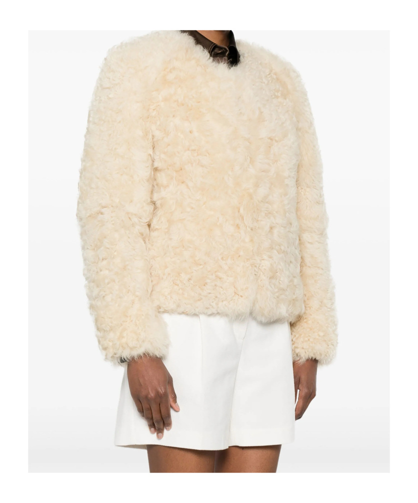 Tom Ford Curly Sheep Shearling Collarless Jacket In Neutral