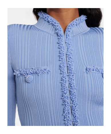 Self-portrait Faux Pearl-embellished Ribbed-knit Mini Dress In Blue