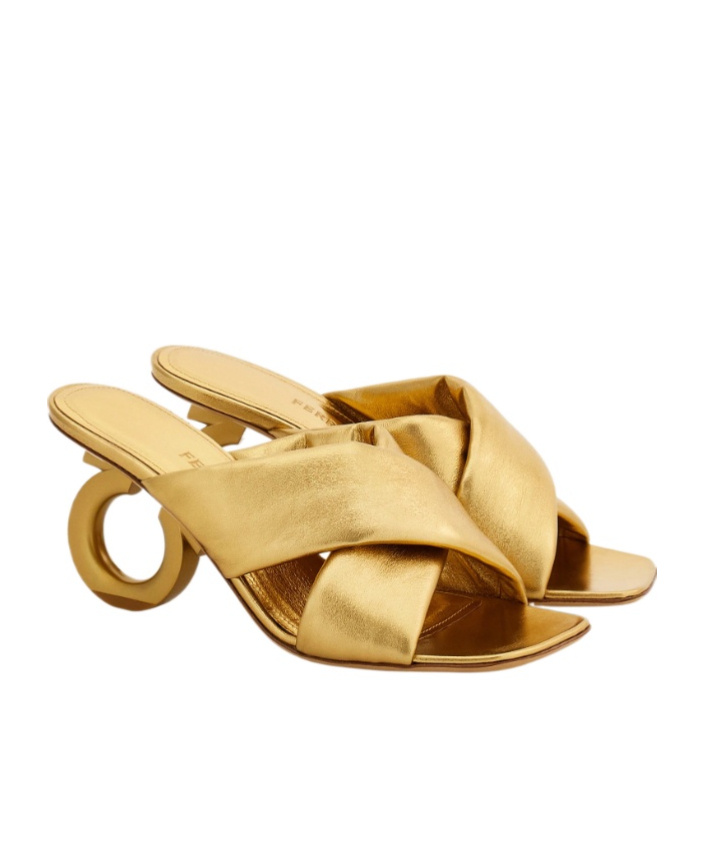 Ferragamo Padded Sandal With Gancini Heel In Gold
