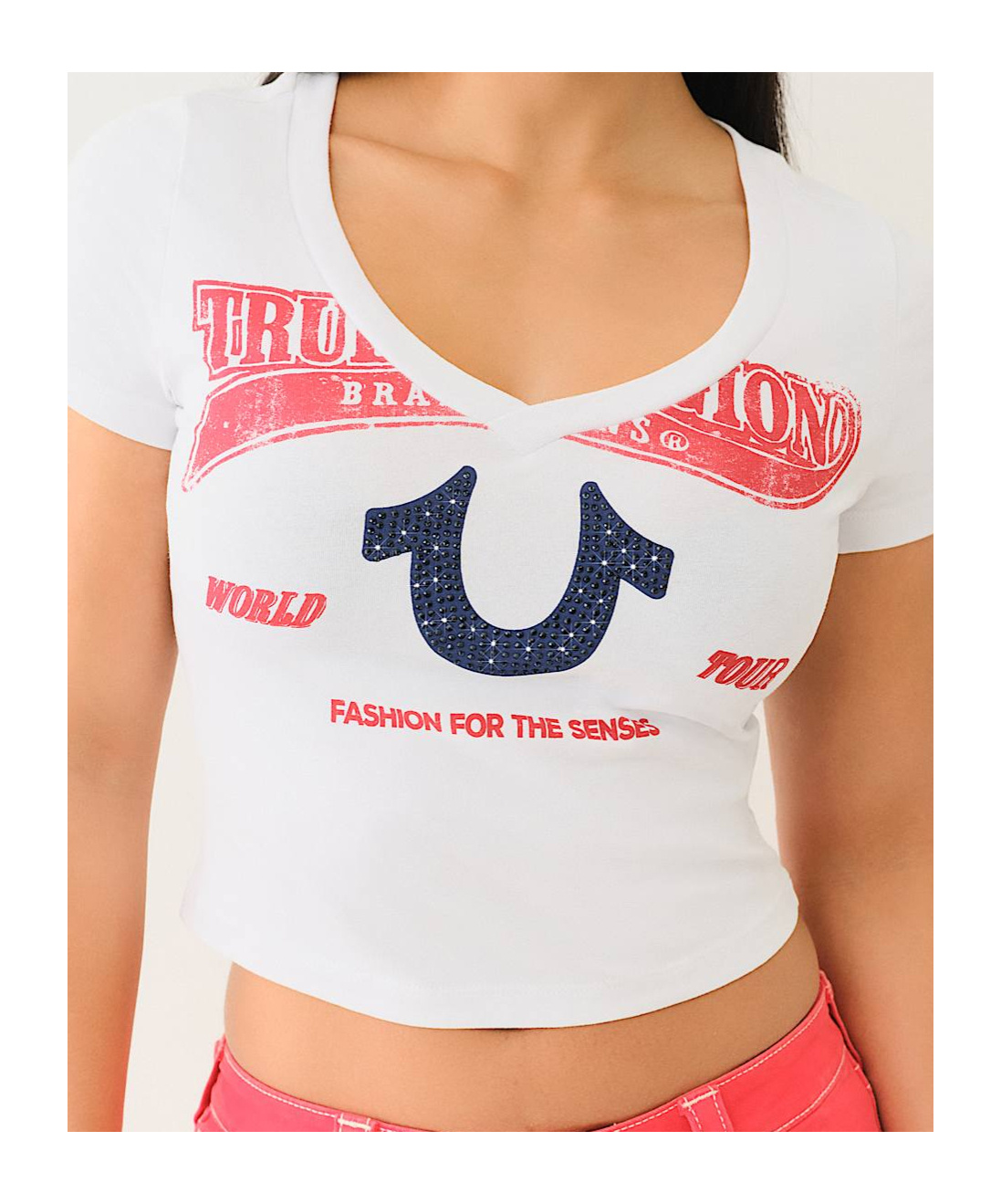 TRUE RELIGION CRYSTAL HORSESHOE V NECK BABY TEE 