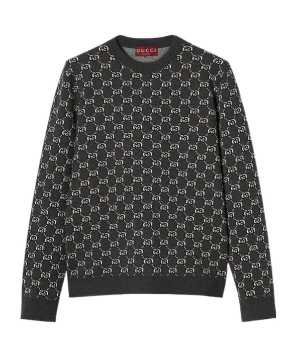 Gucci Men Grey Crewneck Sweater With Jacquard Gg Shadow In Wool Man In Blue