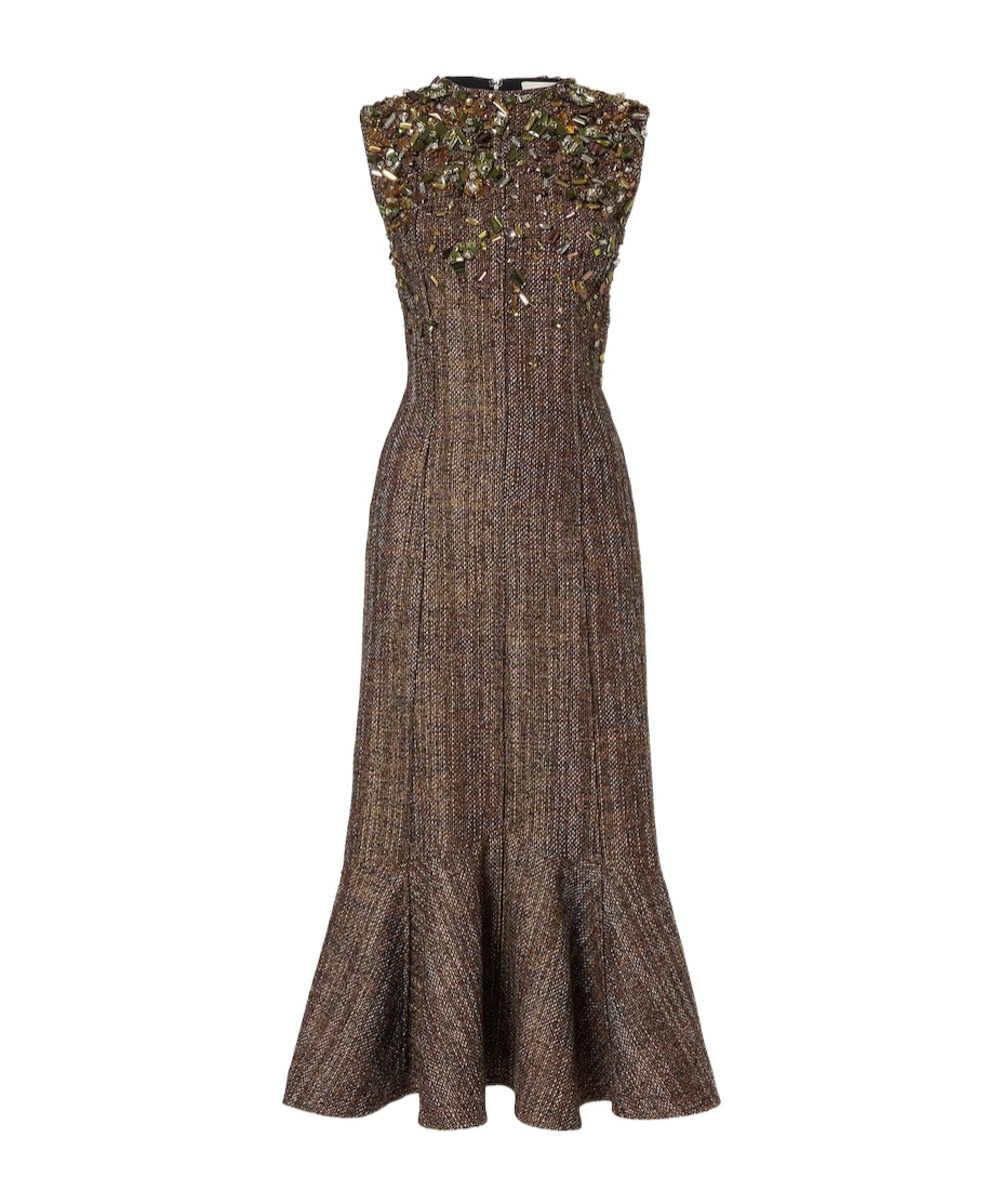 Fendi Embellished Wool-blend Tweed Midi Dress In Brown