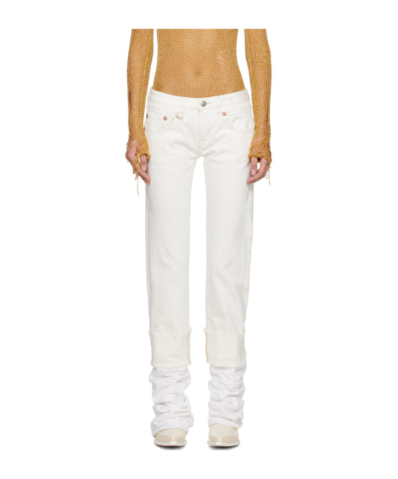 R13 White Cuffed Boy Jeans In White
