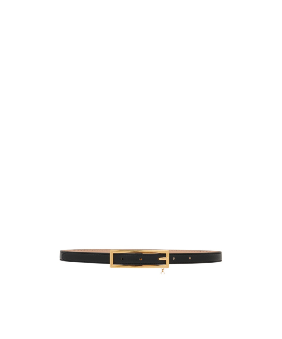 Alessandra Rich Slim Black Leather Belt With Logo Charm And Brass Buckle 1.5 Cm In Black