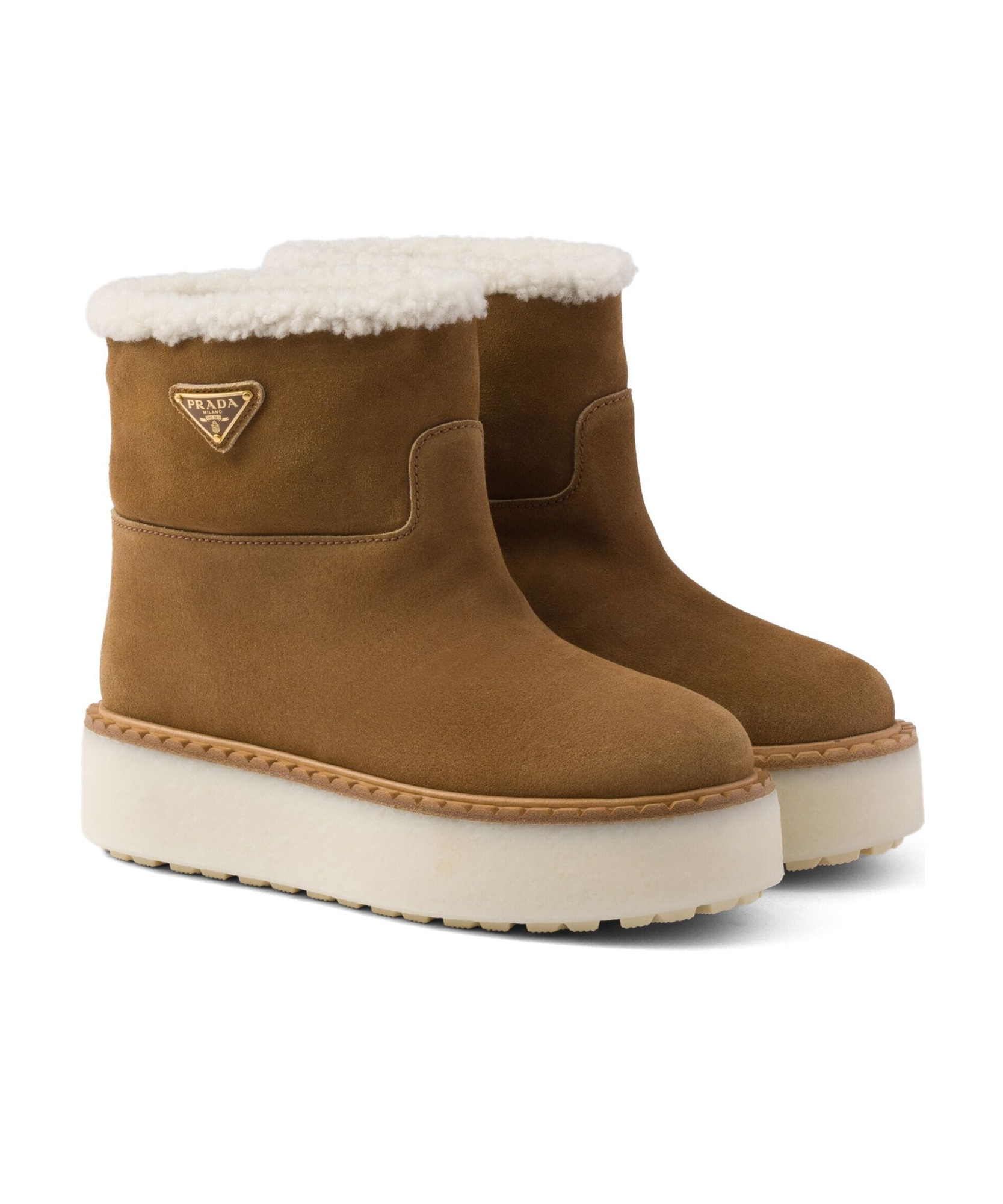 Prada Triangle Logo Suede Snow Boots In Brown