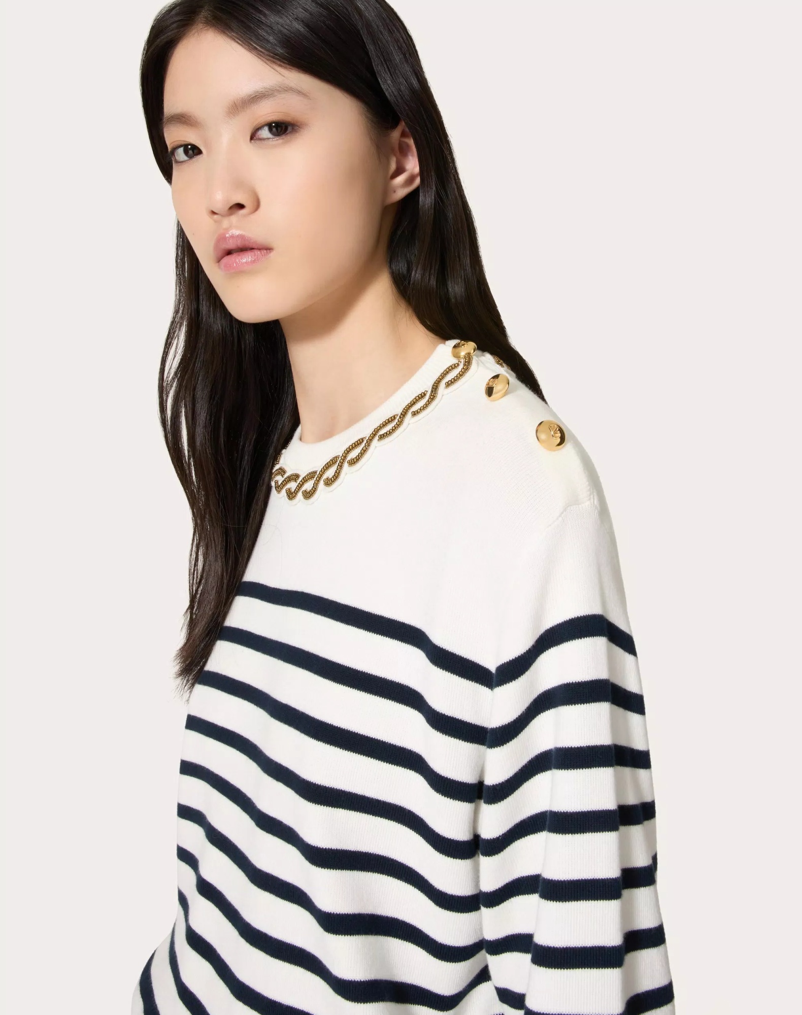 Valentino Embellished Striped Ribbed Cotton Sweater In White