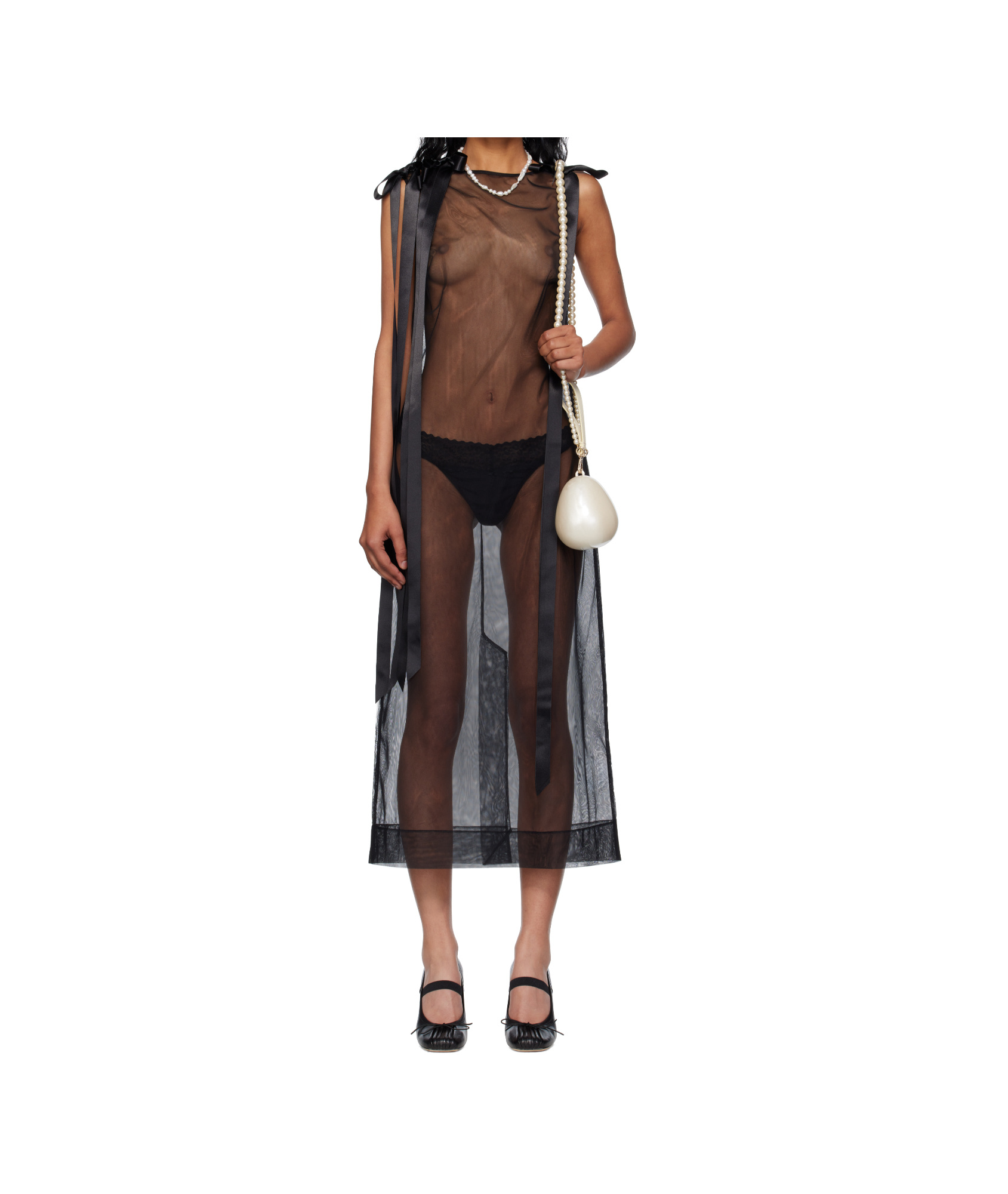 Simone Rocha Sheer Bow Ribbon Tail Dress In Black