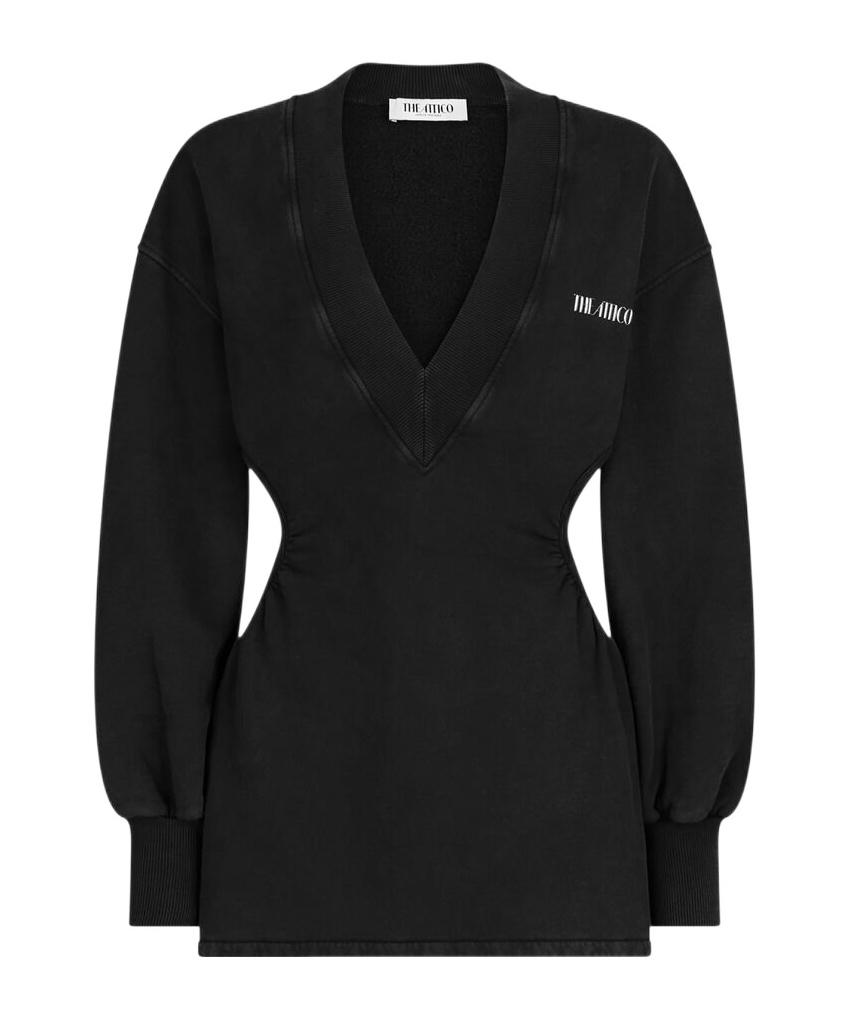 Attico V-neck Mini Dress With Embossed Logo In Black