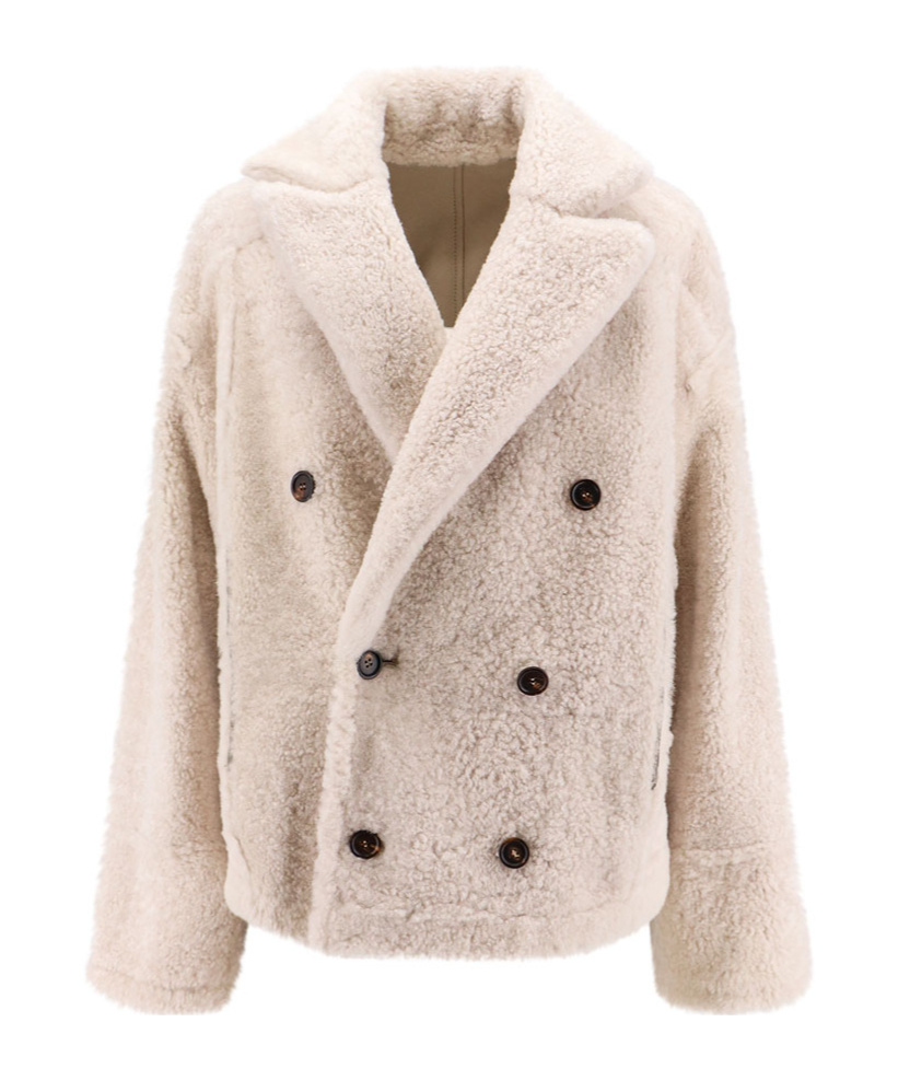 Brunello Cucinelli Reversible Fuzzy Shearling Outerwear With Jewellery In Nude