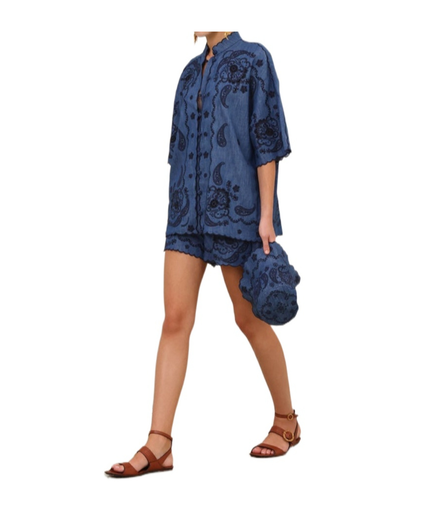 Zimmermann Aster Denim Shirt With All-over Contrasting Embroidery In Blue