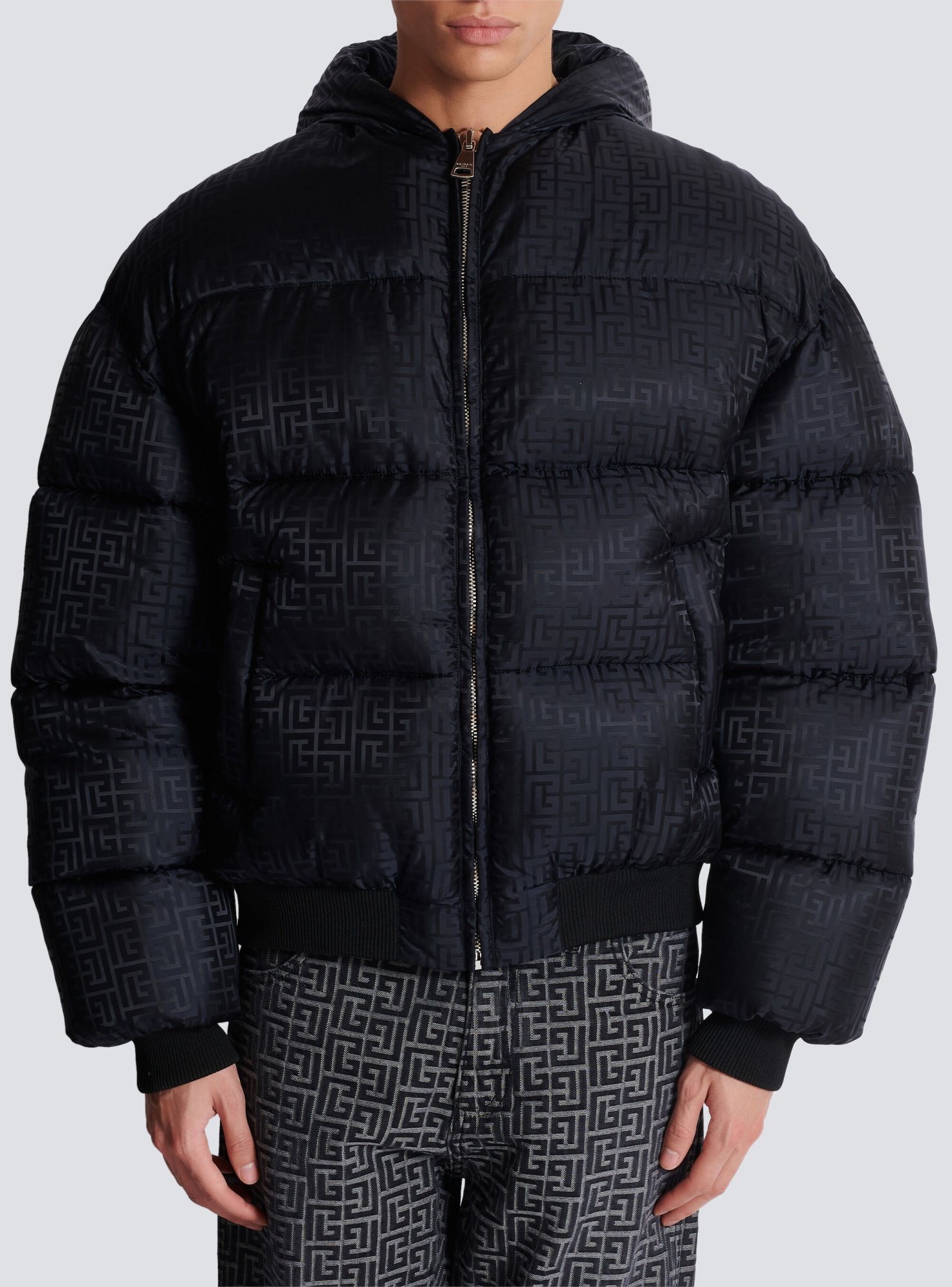 Balmain Pb Labyrinth Jacquard Nylon Puffer Jacket In Black